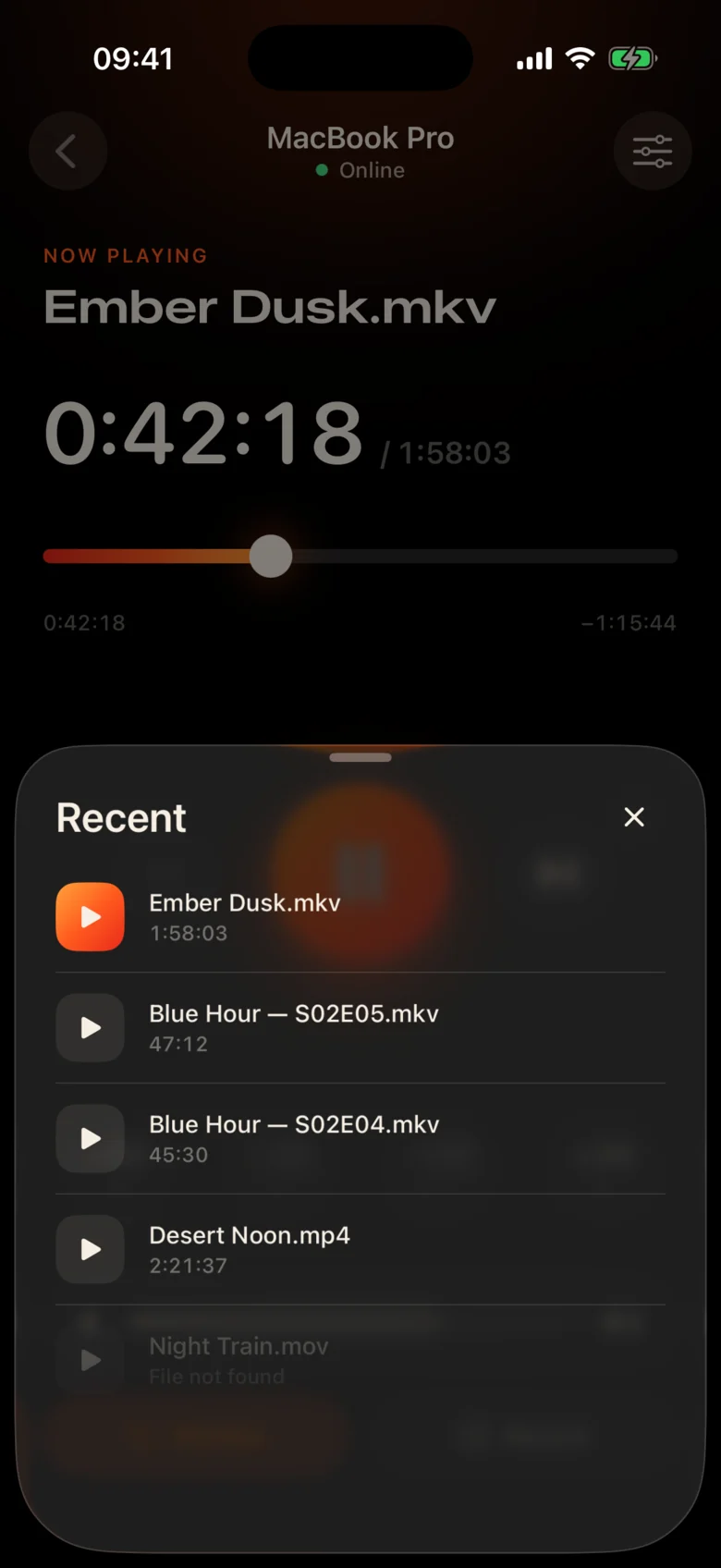Recent files sheet on the iPhone remote.